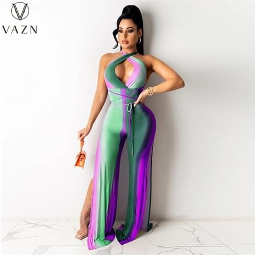 VAZN 2021 Top Sale Halter Loose Shinny Colorful Print Sexy Lady Women Party Beach Jumpsuits Full Pant Bandage Rompers