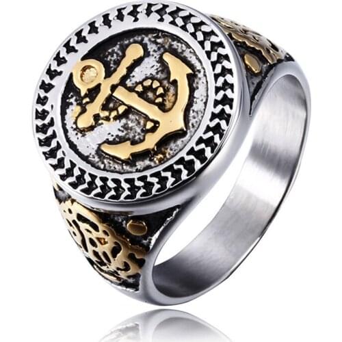 Megin D Stainless Steel Titanium Carved Anchors Viking Pirate Totem Retro Vintage Rings for Men Women Couple Friend Gift Jewelry