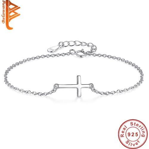 Fashion Sideways Charm Bracelet 925 Sterling Silver Faith Christian Cross Bracelet Simple Tiny Crystal Bracelets Bangle Jewelry