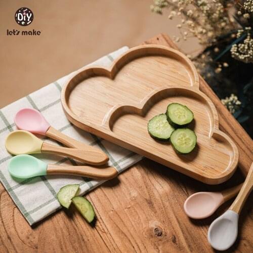 Lets Make Baby Tableware Set Bamboo Wood Cloud Series Wooden Suction Cup Dinner Plate Food Grade Silicone Spoon Free BPA Bowl