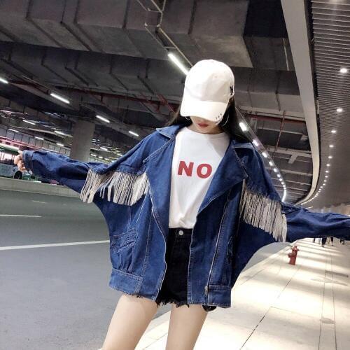 New Spring Autumn Chain Tassel Denim Jacket Women Blue Cowboy Loose Coat Zip Up Biker Motorcycle Top Clothes Basic Bomber Jacket