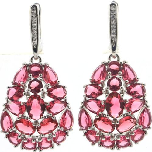 37x12mm SheCrown Hot Sell Created Red Blood Ruby London Blue Topaz Zircon Gift For Sister Silver Earrings