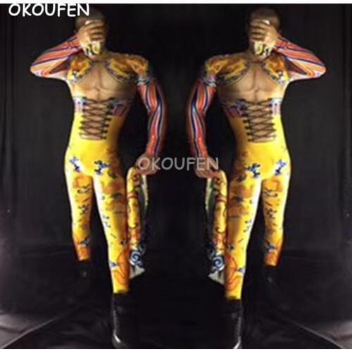 Chinese style robes stage nightclub male singer DJ Ds muscle pattern costume show costumes
