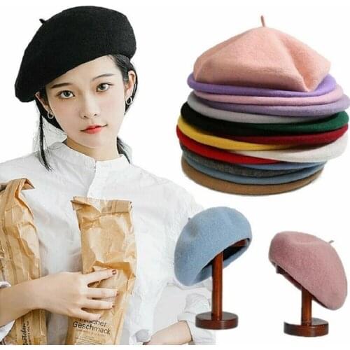 Women Girl Beret Warm Wool Beanie Hat Cap Retro Vintage Hats Solid Color Elegant Lady French Artist Winter Caps