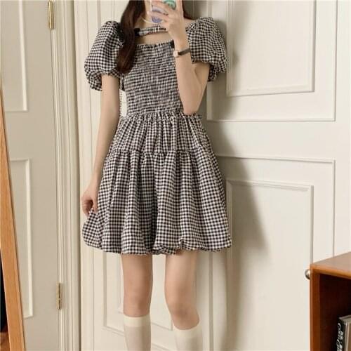 French Square Collar Plaid Dress Female Summer New Style Skirt with Waist and Thin Temperament A-line Skirt