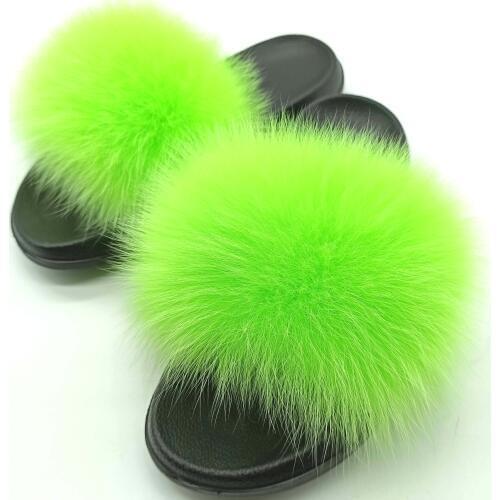 Women‘s Summer Real Fox Fur Slippers Ladies‘s Fashion Flip-flops Flat Home Plush Female Shoes Women Solid Color Fox Fur Slippers
