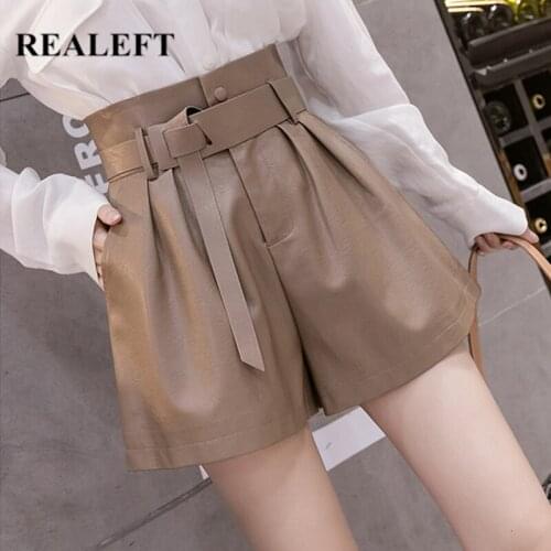 REALEFT Black PU Faux Leather Womens Shorts Sashes 2020 New Autumn Winter High Waist Wide Leg Shorts Elegant Female Trousers