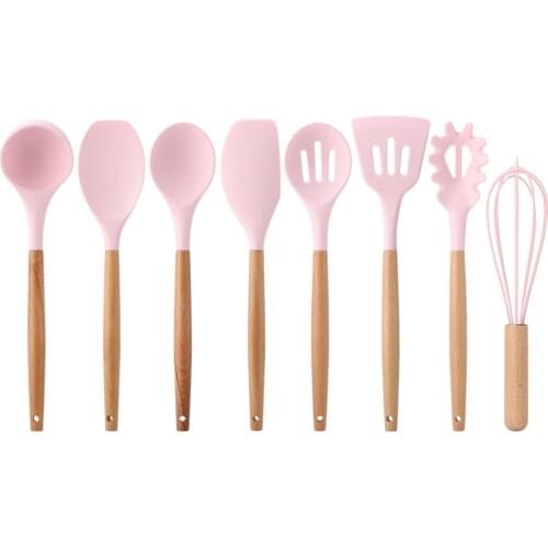 Silicone Kitchenware Hanging Hole Design Convenient Storage 8PCS High Durability Pink Wooden Beech Handle Cooking Utensils