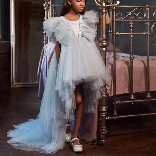 Light Blue High Low Flower Girl Dresses For Wedding Beads Ruffles Toddler Pageant Gowns Birthday First Communion Kids Dress