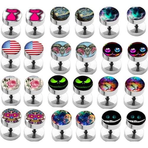 TIANCIFBYJS Mix 25 LOGOS Stainless Steel Men Ear Stud Cheater Earrings Gauges Fake Plugs Wholesale Body Jewelry Tragus Piercing