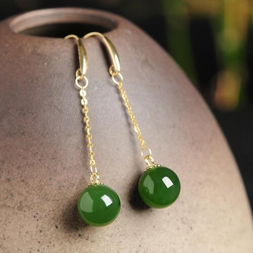 High-grade 18K gold inlaid natural jade bead earrings authentic and Tianyu ball earrings womens jade earrings