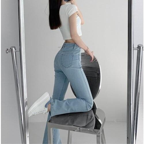 TVVOVVIN Korean Fashion Elasticity Split Distressed Jeans Women High Street Casual Washed Denim Bodycon Pants 9WYP