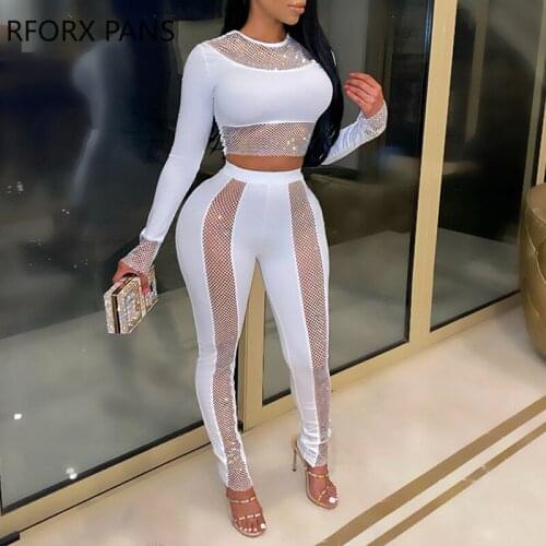 Women Solid Studded Long Sleeves Patchwork Bodycon Hollow out Pants sets