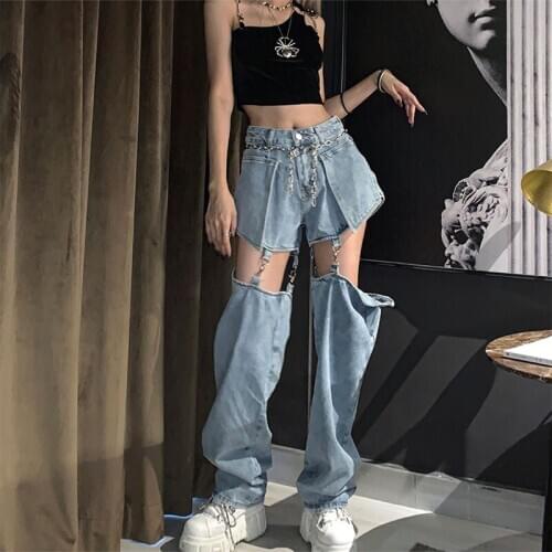 Women Hip Hop Jeans High Waist Two ways to wear Ripped Stretch Classic Casual Bell Bottom Denim Pants Remove Clothes Streetwear