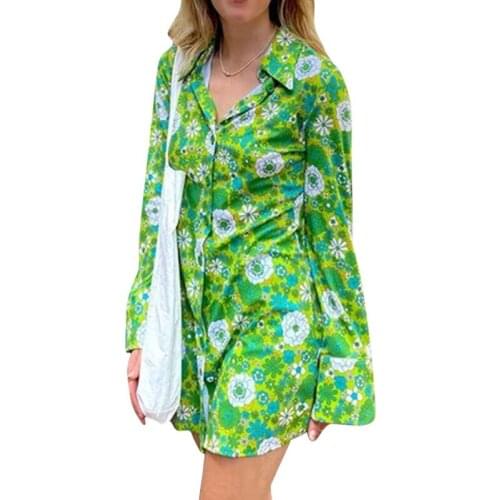 Female Shirt Dress, Flower Print Turn-Down Collar Long Sleeve Dresses for Ladies Spring Autumn Daily Wear
