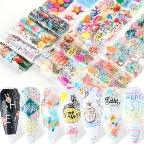 10pcs Easter Rabbit Egg Nails Foil Cartoons Designs Bunny Star Animal Nail Stickers Nail Art Accessories Manicure Set SA2022