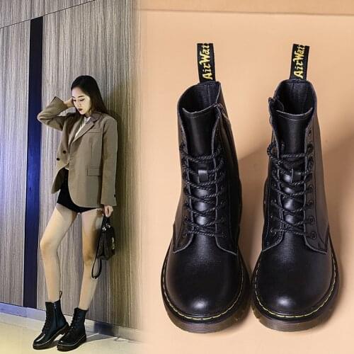 2021 autumn/winter fashion new solid square with black stitched round head thick and low barrel front tie female Martin boots
