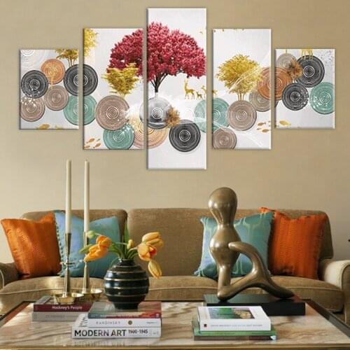 Framed 5 Pieces Red Gold Tree Painting on Canvas Prints Luxury Decorative Posters for Living Room Home Decor Wall Art