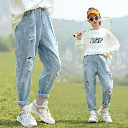 Jeans Baby Girl Hole Pants Fashion Spring Autumn Light Blue Trousers Teenage School Girls Clothing Ripped Jeans For Kids 3-12Y