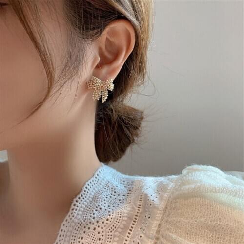 French Fairy Full CZ Stone Pearl Bowknot Earrings for Women 2020 Gold Color Metal Hollow Simulated Pearl Drop Earrings Brincos