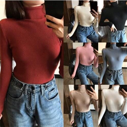 Womens Solid Color Knitwear Autumn Long Sleeve High Collar Wild Casual Slim Base Shirt Ladies Stylish Daily Leisure T-Shirt