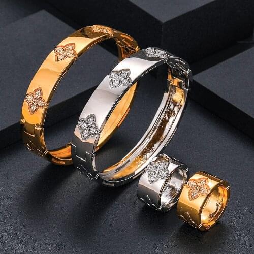 Jankelly luxury Unique African Bangle Ring Set Jewelry Sets For Women Wedding Cubic Zircon Crystal CZ Dubai Bridal Jewelry Set