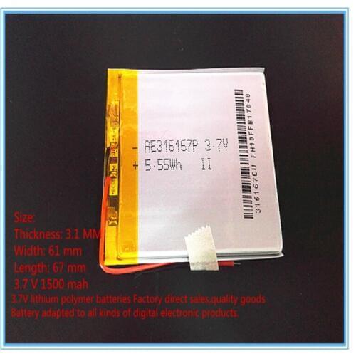 3.7 V lithium Tablet polymer battery 1500 mah rechargeable batteries treasure navigation tablet phone 316167