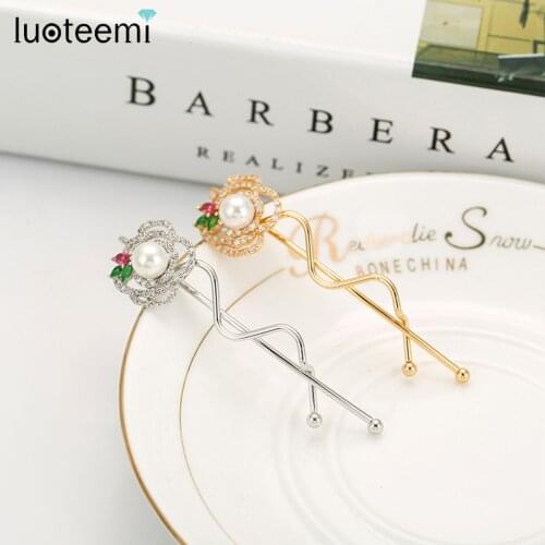 LUOTEEMI Korea Fashion Imitation Pearl Hair Clip for Women Romantic Rose Flower Female Jewelry Hairpin Winter Christmas Gifts