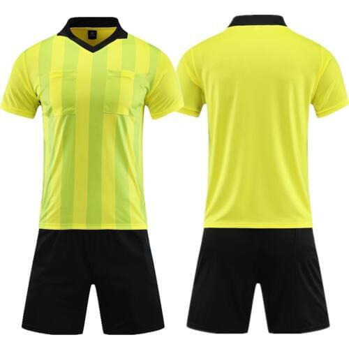Men professional Soccer Referee Uniform stripe V-neck Football Referee Jersey Set Short Sleeve Judge shirt Three Pockets Shorts