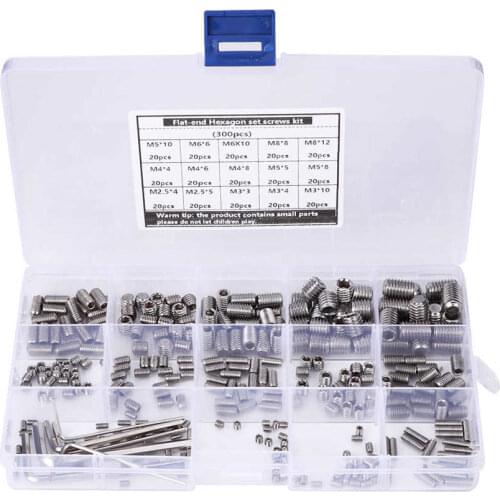 300Pcs Hex Grub Screw Kit M2.5/M3/M4/M5/M6/M8 Stainless Steel Machine Set Screws With 6 Wrenchs