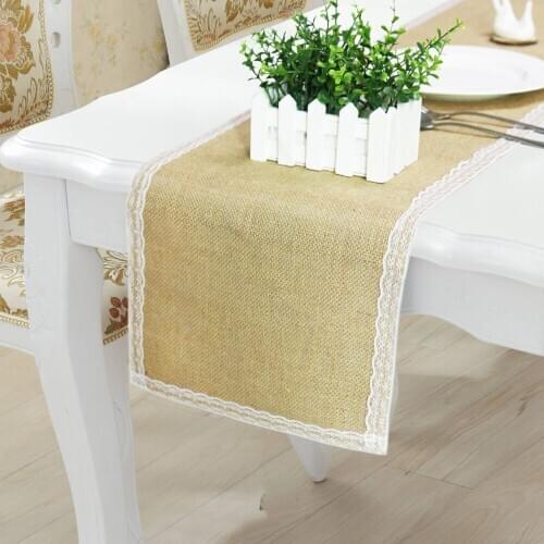 Rustic Jute Table Runner Vintage Natural Burlap Hessian Lace Table Flag for Wedding Birthday Party Home Kitchen Decoration