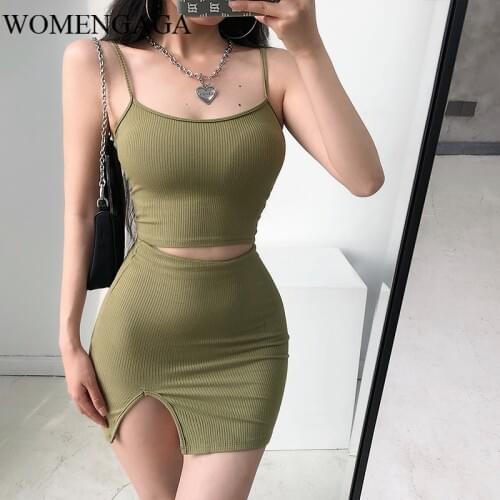 2020 Summer New Sexy Womens Knitted Elastic Short Navel Shoulder Strap Tank + Elastic Bifurcation Skirt Two-piece Set QE80