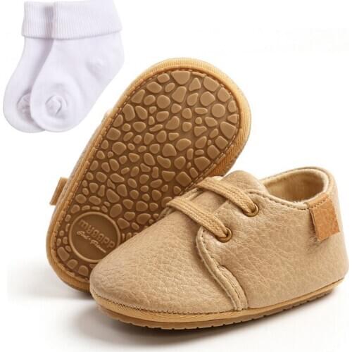 Autumn Kids Baby Boy Solid Color PU Shoes Leopard Lace-Up Baby Prewalker Children Soft-soled Toddler Shoes Free Socks