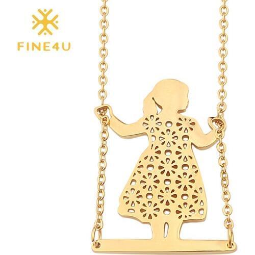 FINE4U N443 Girl On Swing Pendant Necklace For Kids Stainless Steel Tiny Gold Swinging Girl Acrobat Pendant Minimalist Necklace