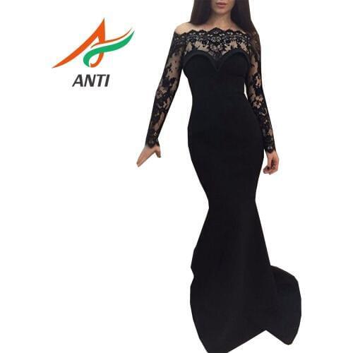 ANTI Simple Black Sexy Prom Dress 2019 Off the Shoulder Elegant Lace Elastic Satin Long Mermaid Prom Gowns Plus vestidos de gala