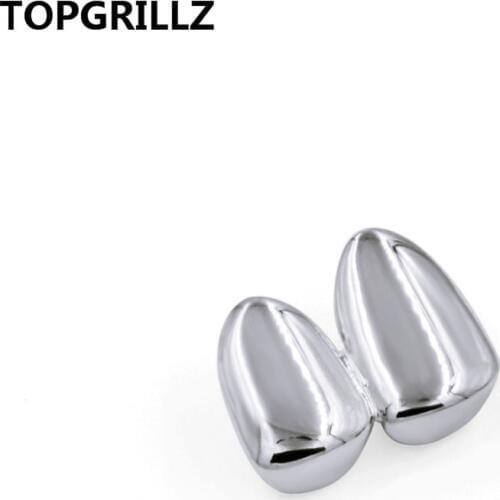 TOPGRILLZ Double Caps Yellow Gold Color Plated Grillz Canine Plain Two Teeth Right Top Single Caps Grills