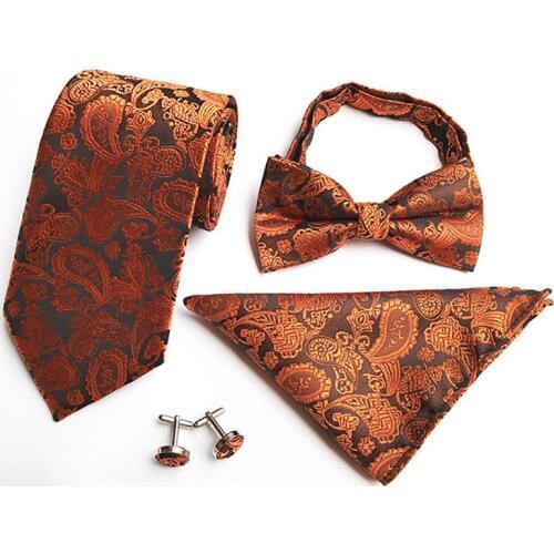 Ricnais 4PCS 8cm Paisley Tie Set Red Black Bowtie Handkerchief Cufflinks Necktie Silk Set suit Vusiness Pocket Square Ties Gift