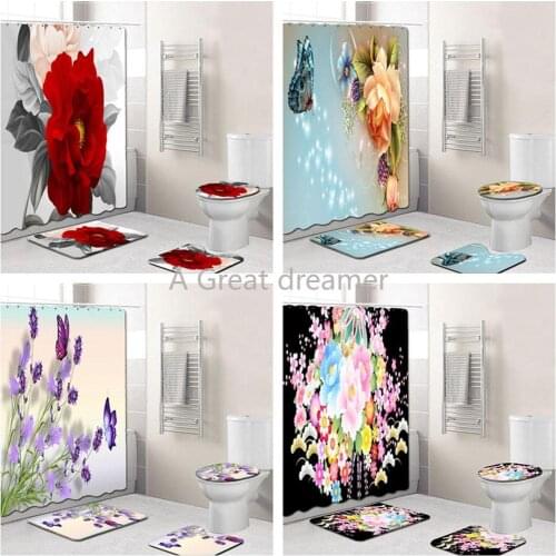 3d Flowers Luxury Shower Curtain Mat Set Non Slip Rugs Carpet For Bathroom Toilet Dropshipping Custom Shower Curtain