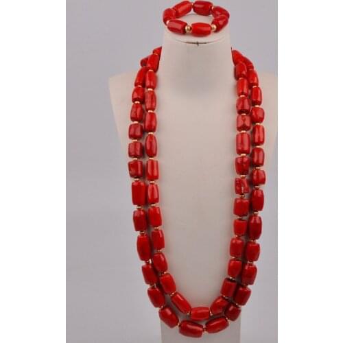 Wedding Jewelry Natural Red Coral Bead Couple Necklace Nigeria Wedding Bridegroom Bride Wedding Accessories Jewelry Set AU-213