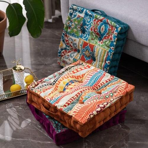 Vintage Square Velvet Floor Cushion Tatami Sofa Thick Print Meditation Pillow Yoga on Chair Pouf Seat Cushion with Handle