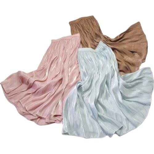 KYLIE PINK Women Pleated Maxi Skirt 2020 Trend Fashion Vintage Shinny Solid Girls High Waist Beach Long Silk Pleat Midi Skirt