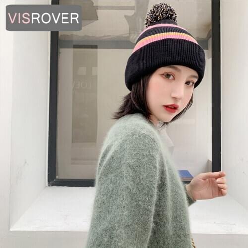 VISROVER 3 colorways acrylic winter hat for woman stripped hats pompom autumn beanies warm soft bonnet skullies wholesales gift