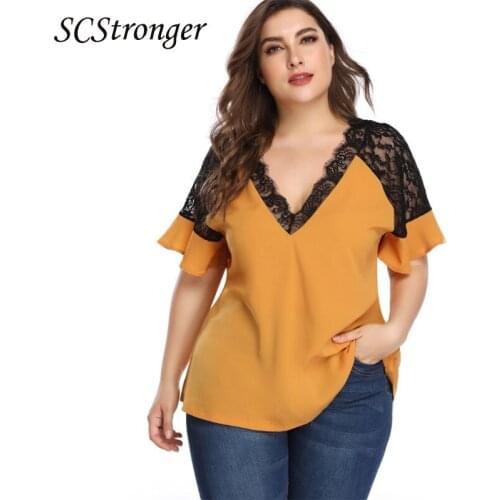 SCSTRONGER Summer Plus Size Vneck Solid Color Top Lace Fashion Temperament Commuter Stitching Short Sleeve Vestidos Mujer Verano