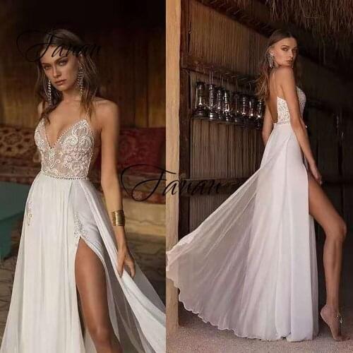 Sexy Slit Beach Boho Wedding Dress V Neck Spaghetti Strap Chiffon Backless Sleeveless Bridal Gown robe de soirée de mariage