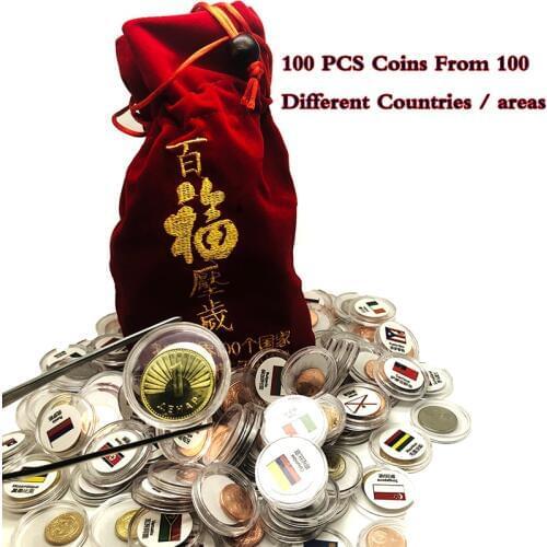 100 pcs Coins from 100 different Countries , collect in red bag , for gift & collection, world original coin with flag