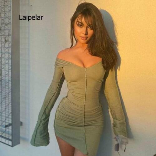 2021 Flared Sleeves Low Collar Bodycon Sexy Dress Autumn Winter Women Fashion Streetwear Pure Outfits Party Sundress