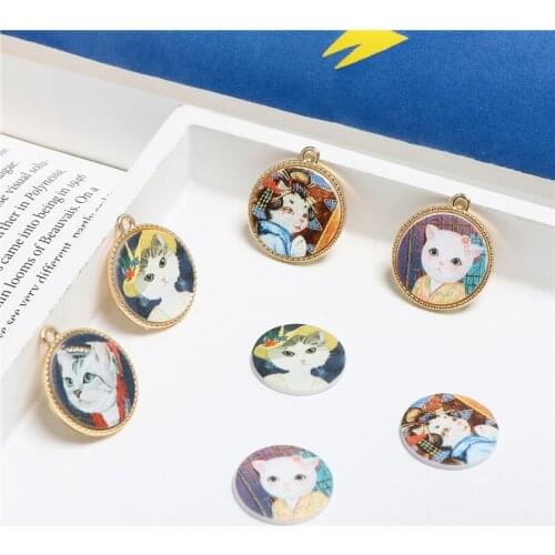 New style 50pcs/lot color cat pattern print geometry rounds resin shape flatback beads diy jewelry accessory