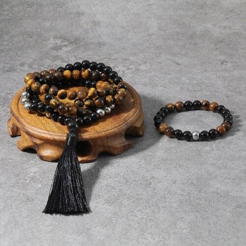 8mm Black Onyx,Tigers Eye Japa Mala Set,Protective,Meditation Namaste Yoga Jewelry,Buddhist Prayer Rosary,108 Mala Beads