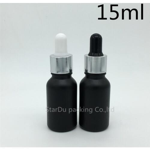 Free shipping 200pcs 15ml black frosted glass essential oil bottle with shiny silver ring dropper glass perfume bottle
