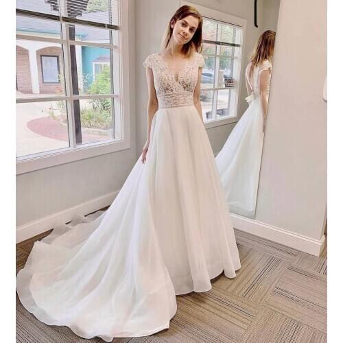 Bohemian Wedding Dress 2021 A-Line V-Neck Cap Sleeve Lace Appliques Backless Sweep Train Civil Bride Gown Vestidos De Noiva